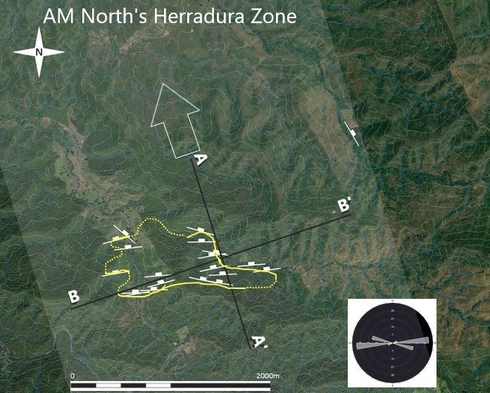 Figure 2. Plan view of surface trace of the stratabound Cu-Ag horizon at the 'Herradura Zone'